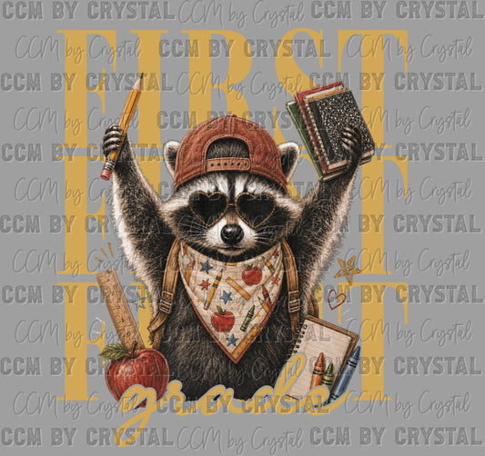 First 1st Grade Raccoon Back to School Ready to Press Transfer Direct to Film DTF Transfers