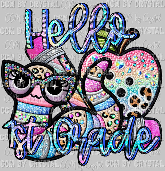 Back to School hello 1st Grade Faux Rhinestone Effect Ready to Press Transfer DTF Transfer Sublimation Transfer