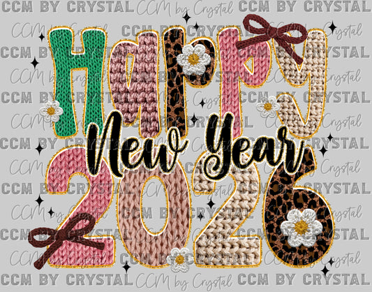 2026 Happy New Year Faux Yarn Ready to Press Instant Peel DTF Transfers Sublimation Transfers
