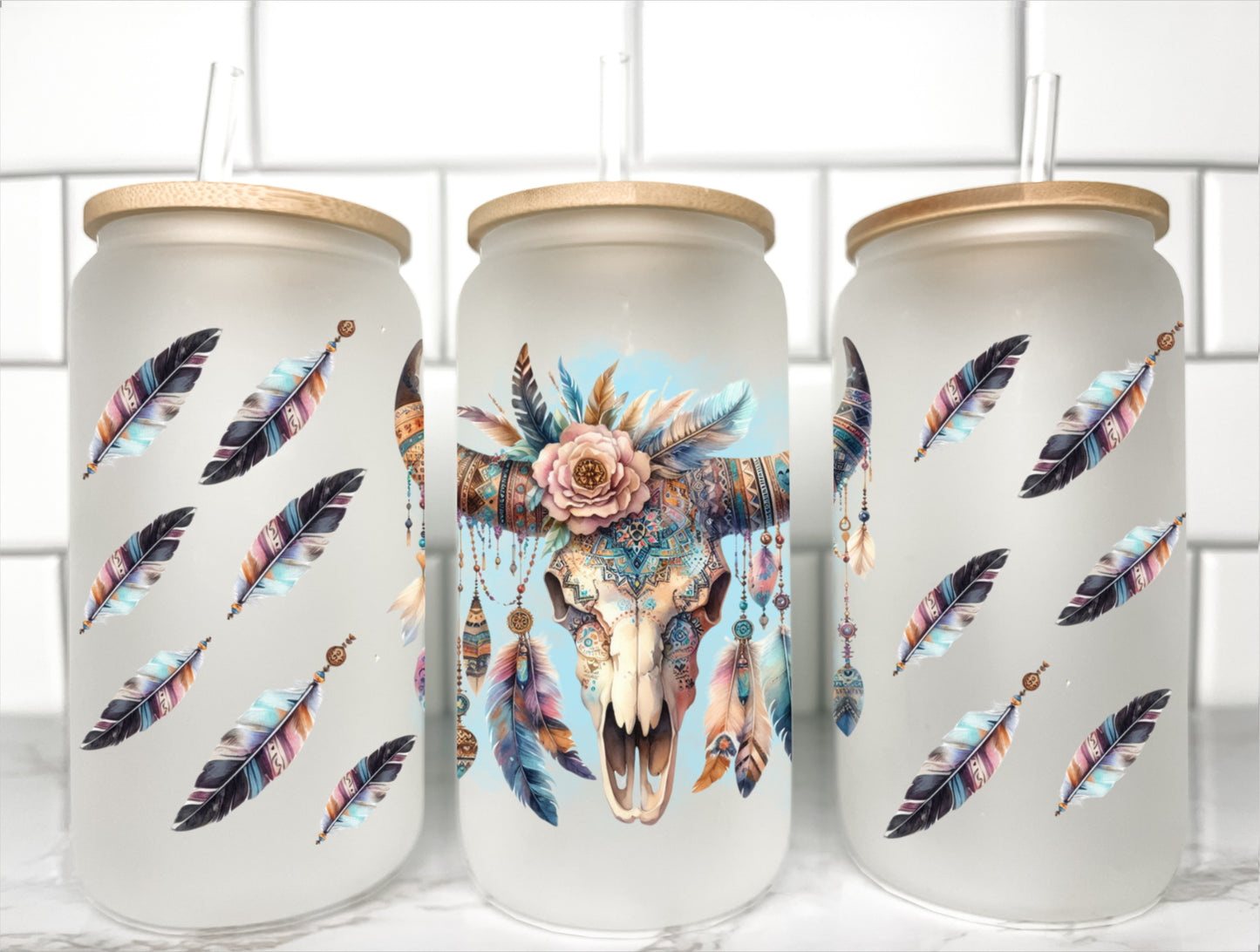 Bull Skull Floral Feathers UV Transfer 16oz Libby Glass Can Wrap Ready to Apply