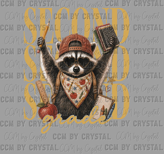Second 2nd Grade Raccoon Back to School Ready to Press Transfer Direct to Film DTF Transfers