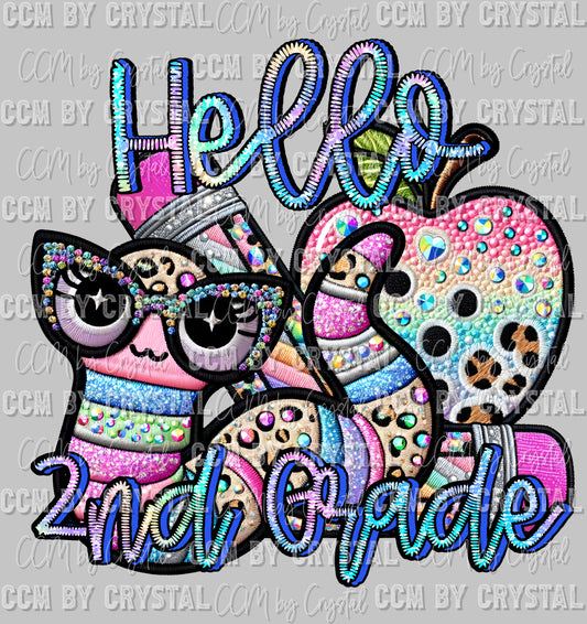 Back to School hello 2nd Grade Faux Rhinestone Effect Ready to Press Transfer DTF Transfer Sublimation Transfer