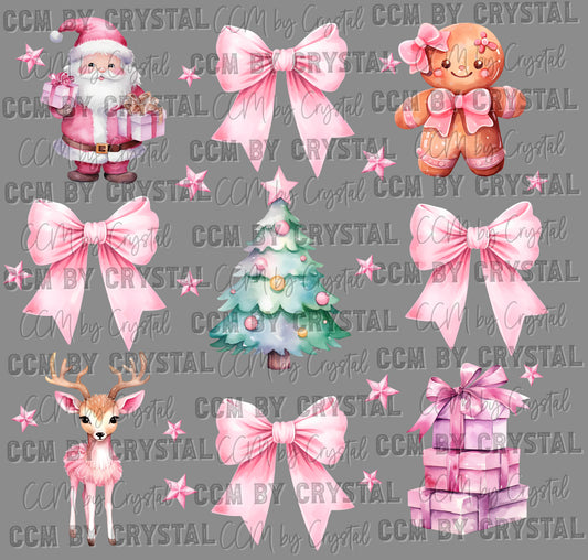 Christmas Pink Santa Bows Ready to Press Transfer DTF Transfer Sublimation Transfer