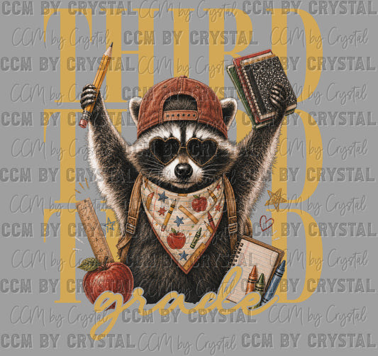 Third 3rd Grade Raccoon Back to School Ready to Press Transfer Direct to Film DTF Transfers