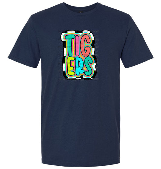 Stacked Colorful Tigers Checkered T-Shirt