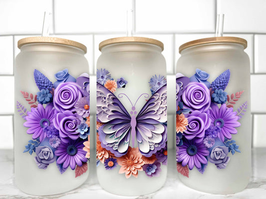 Butterfly Floral UV DTF Transfer 16oz Libby Glass Can Wrap Ready to Apply