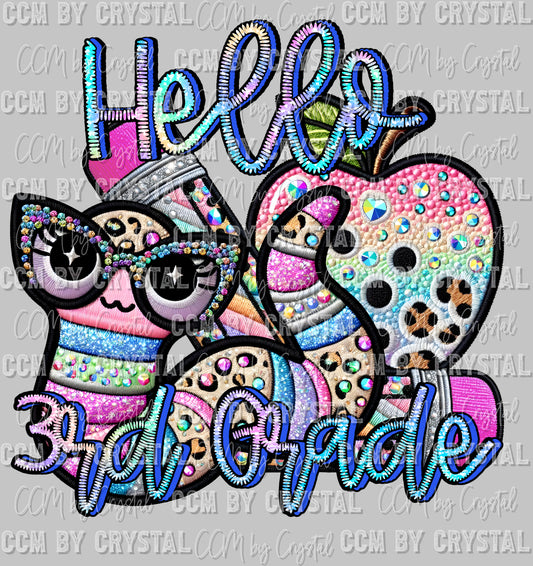 Back to School hello 3rd Grade Faux Rhinestone Effect Ready to Press Transfer DTF Transfer Sublimation Transfer