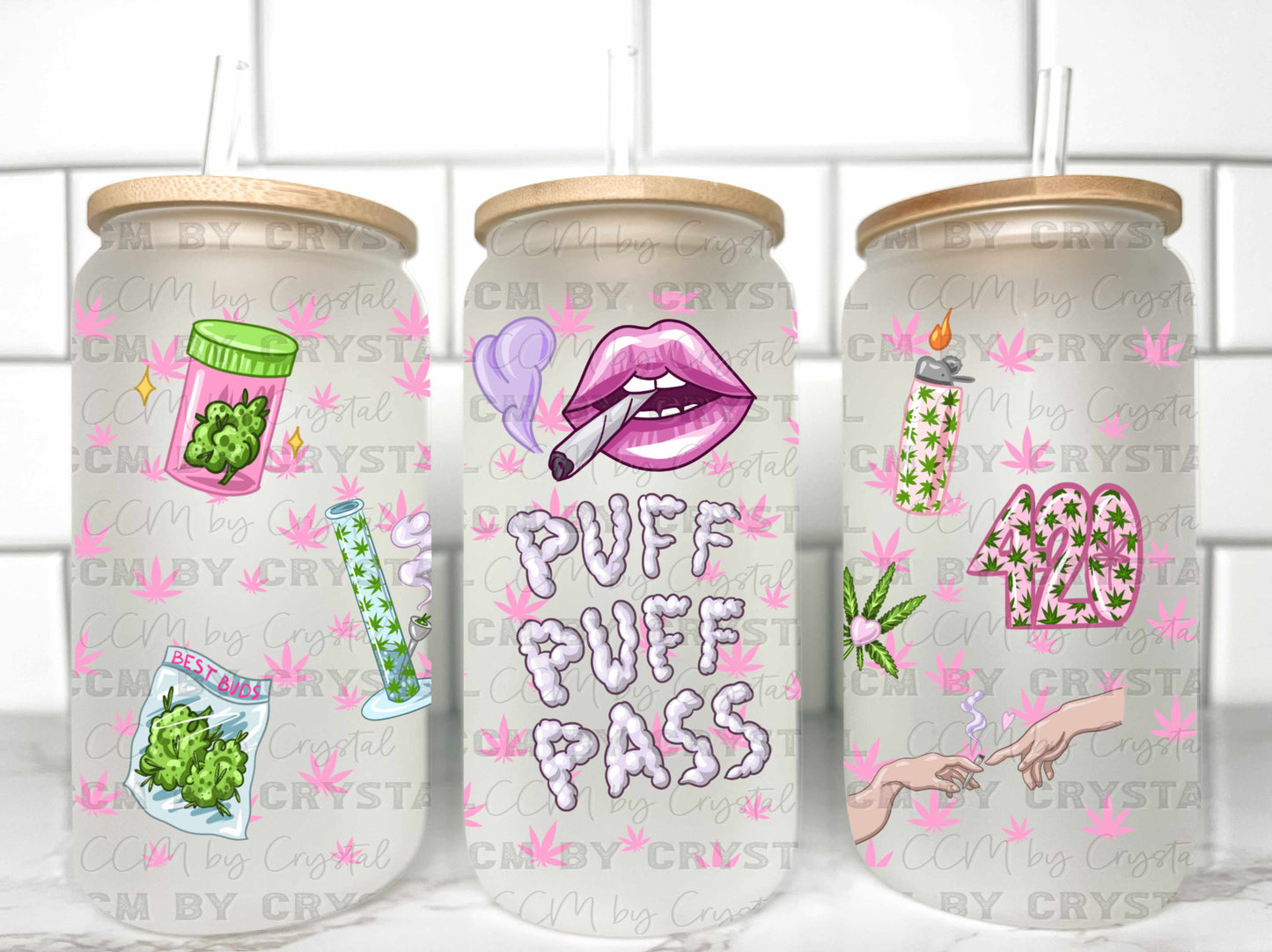 Puff Puff Pass 420 UV DTF Transfer 16oz Libby Glass Can Wrap Ready to Apply