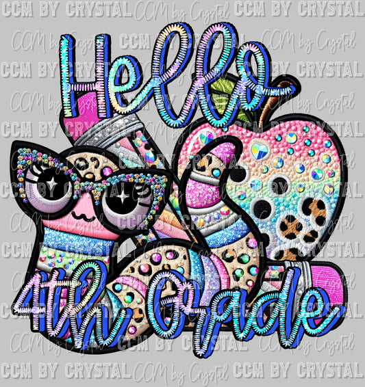 Back to School hello 4th Grade Faux Rhinestone Effect Ready to Press Transfer DTF Transfer Sublimation Transfer