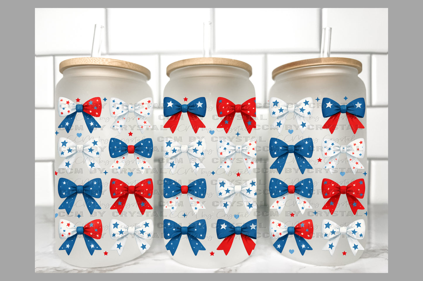 Red, White and Blue Bows 4th of July UV Transfer 16oz Libby Glass Can Wrap Ready to Apply
