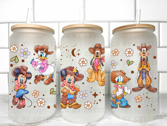 Cartoon Cowboy Mouse UV DTF Transfer 16oz Libby Glass Can Wrap Ready to Apply