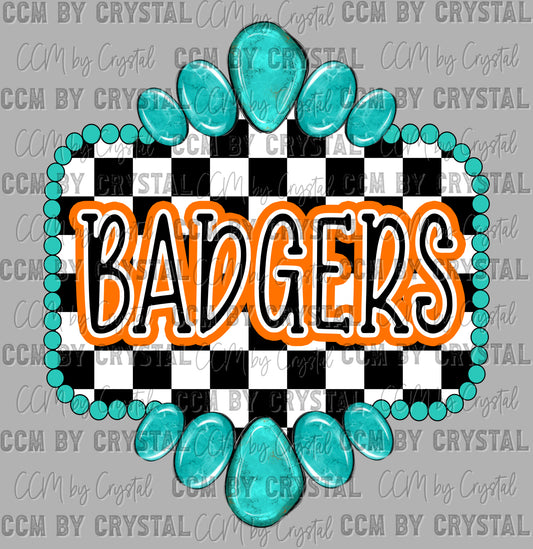 Orange Badgers Mascot Turquoise Concho Ready to Press Transfer DTF Transfer Sublimation Transfer