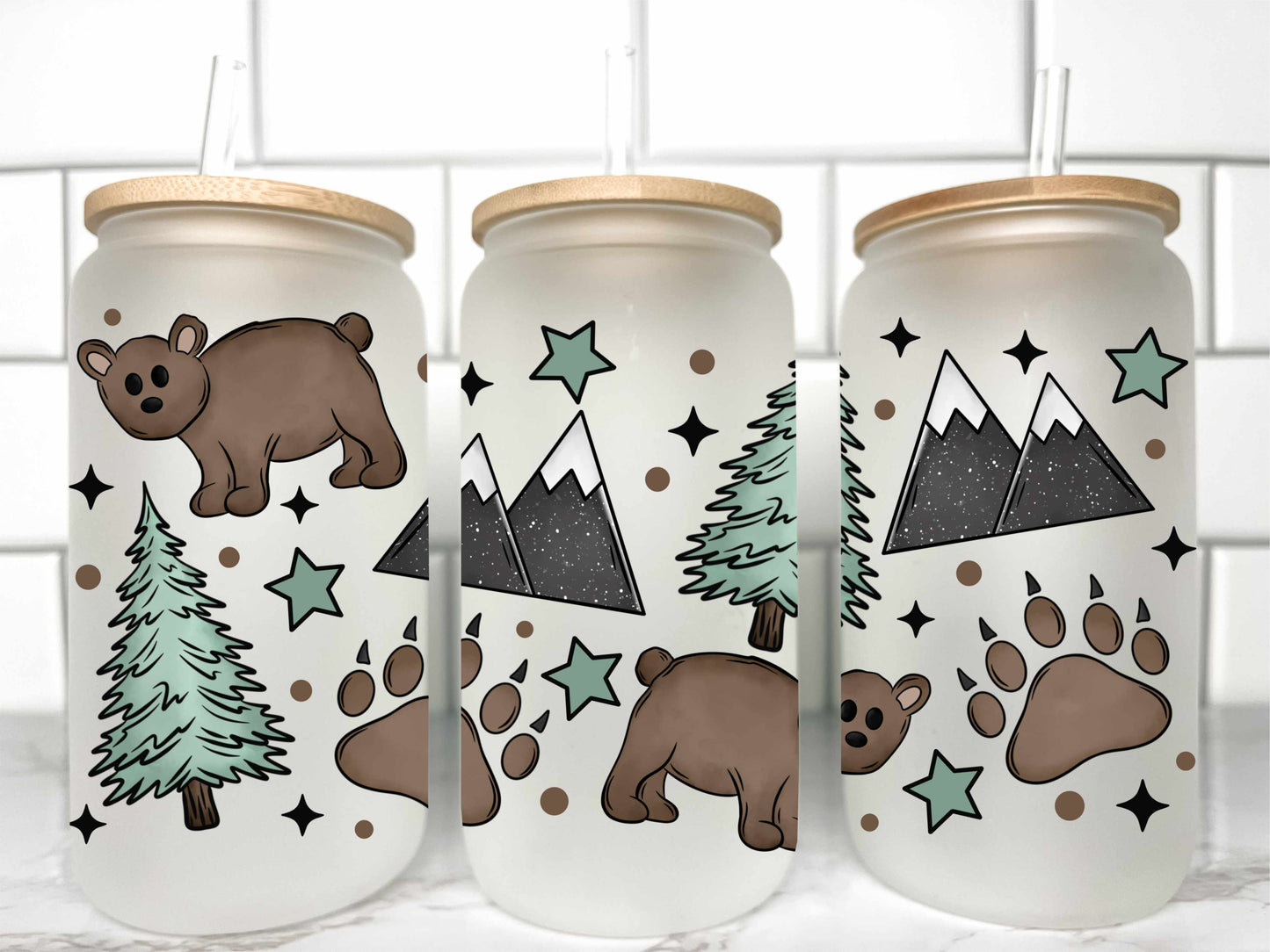 Bears and Trees UV Transfer 16oz Libby Glass Can Wrap Ready to Apply