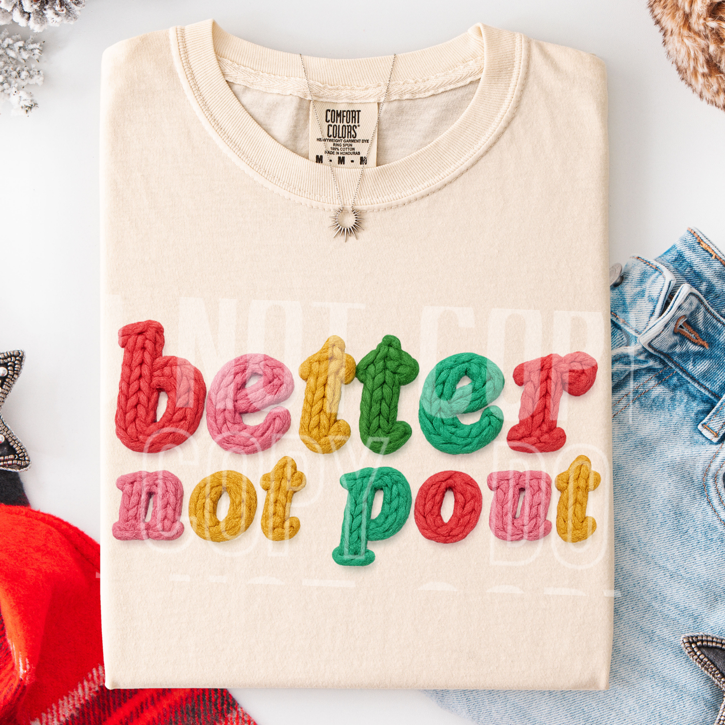 Better Not Pout Christmas Faux Fake Yarn Ready to Press Transfer Instant Peel DTF Transfer Sublimation Transfer