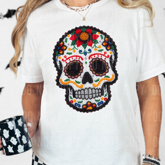 Black Candy Skull Faux Fake Embroidery Ready to Press Transfer Instant Peel DTF Transfer Sublimation Transfer