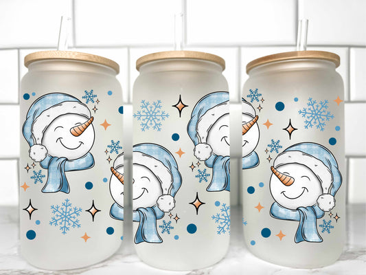 Blue Snowmen Winter Christmas UV Transfer 16oz Libby Glass Can Wrap Ready to Apply