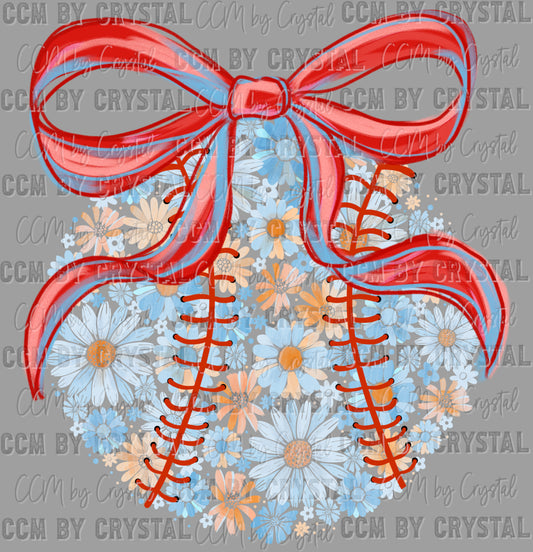 Baseball Floral Bow Flowers Sports Ready to Press Transfer DTF Transfer Sublimation Transfer