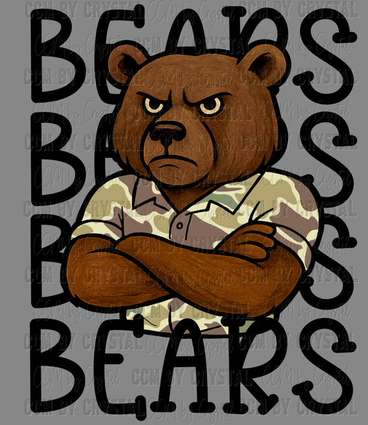 Bears Camo Stacked Sports Mascot Ready to Press Transfer DTF Transfer Sublimation Transfer
