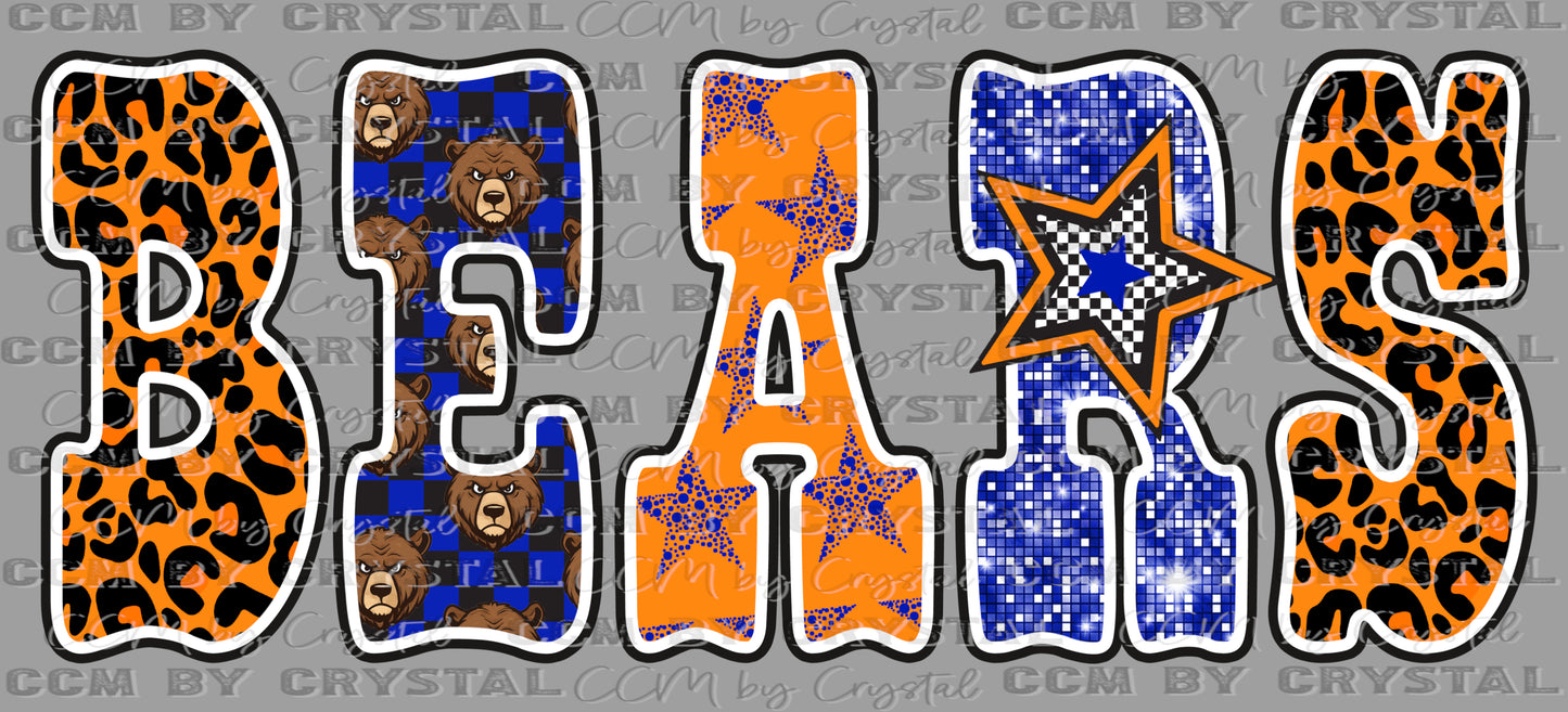 Bears Blue Orange Star Checkered Sports Mascot Ready to Press Transfer DTF Transfer Sublimation Transfer