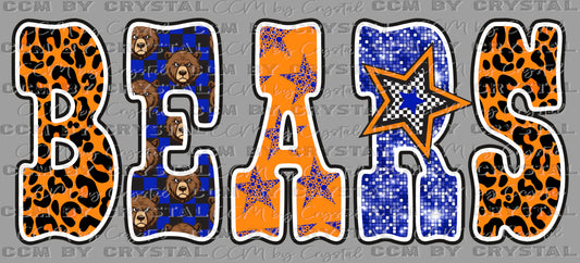 Bears Blue Orange Star Checkered Sports Mascot Ready to Press Transfer DTF Transfer Sublimation Transfer