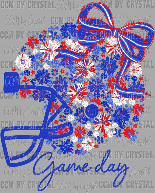 Game Day Football Helmet Floral Red Blue White Bow Flowers Sports Ready to Press Transfer DTF Transfer Sublimation Transfer