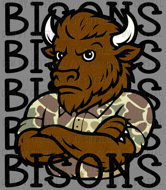 Bisons Camo Stacked Sports Mascot Ready to Press Transfer DTF Transfer Sublimation Transfer
