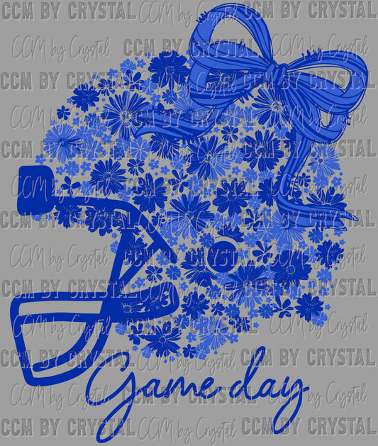 Game Day Football Helmet Floral Blue Navy Bow Flowers Sports Ready to Press Transfer DTF Transfer Sublimation Transfer