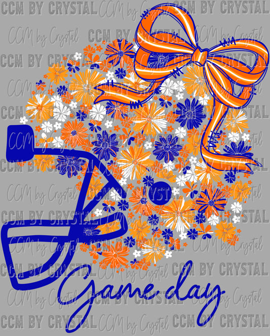 Game Day Football Helmet Floral Orange Navy White Bow Flowers Sports Ready to Press Transfer DTF Transfer Sublimation Transfer