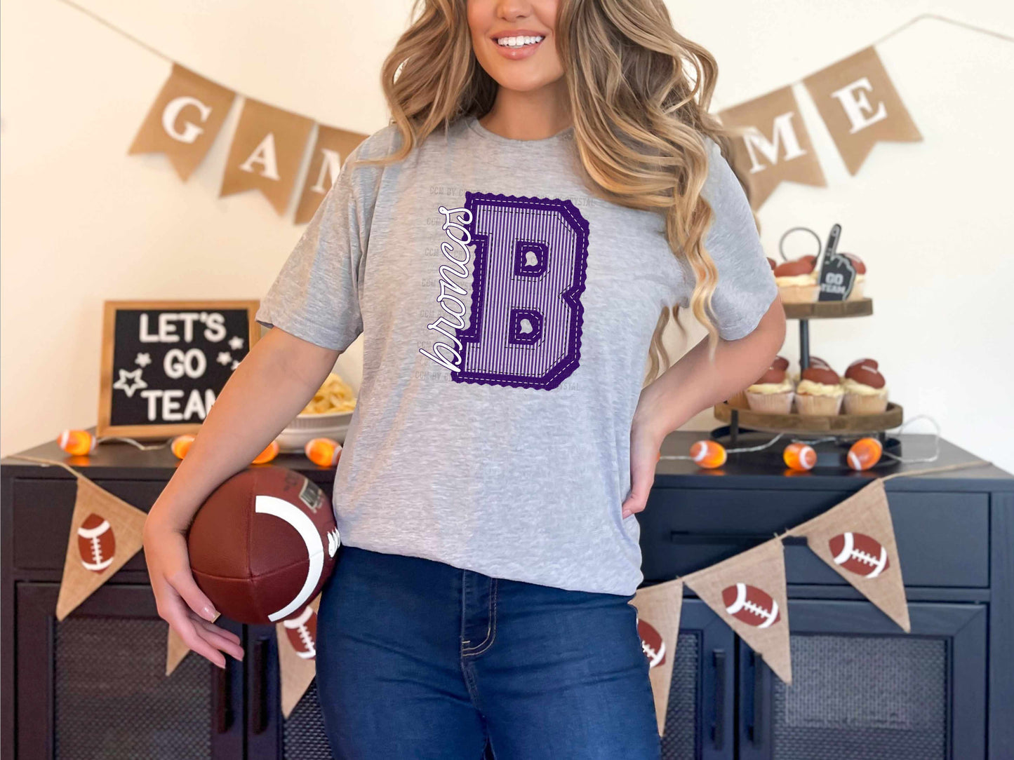 Broncos Faux Embroidery Stripes Purple Sports Mascot Ready to Press Transfer DTF Transfer Sublimation Transfer