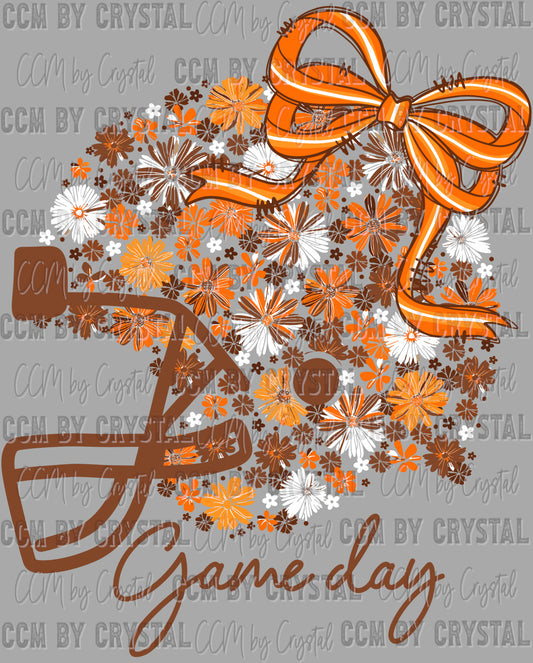 Game Day Football Helmet Floral Orange Brown White Bow Flowers Sports Ready to Press Transfer DTF Transfer Sublimation Transfer