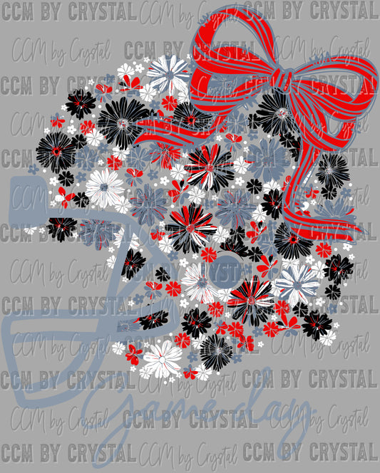 Game Day Football Helmet Floral Red Black White Grey Bow Flowers Sports Ready to Press Transfer DTF Transfer Sublimation Transfer
