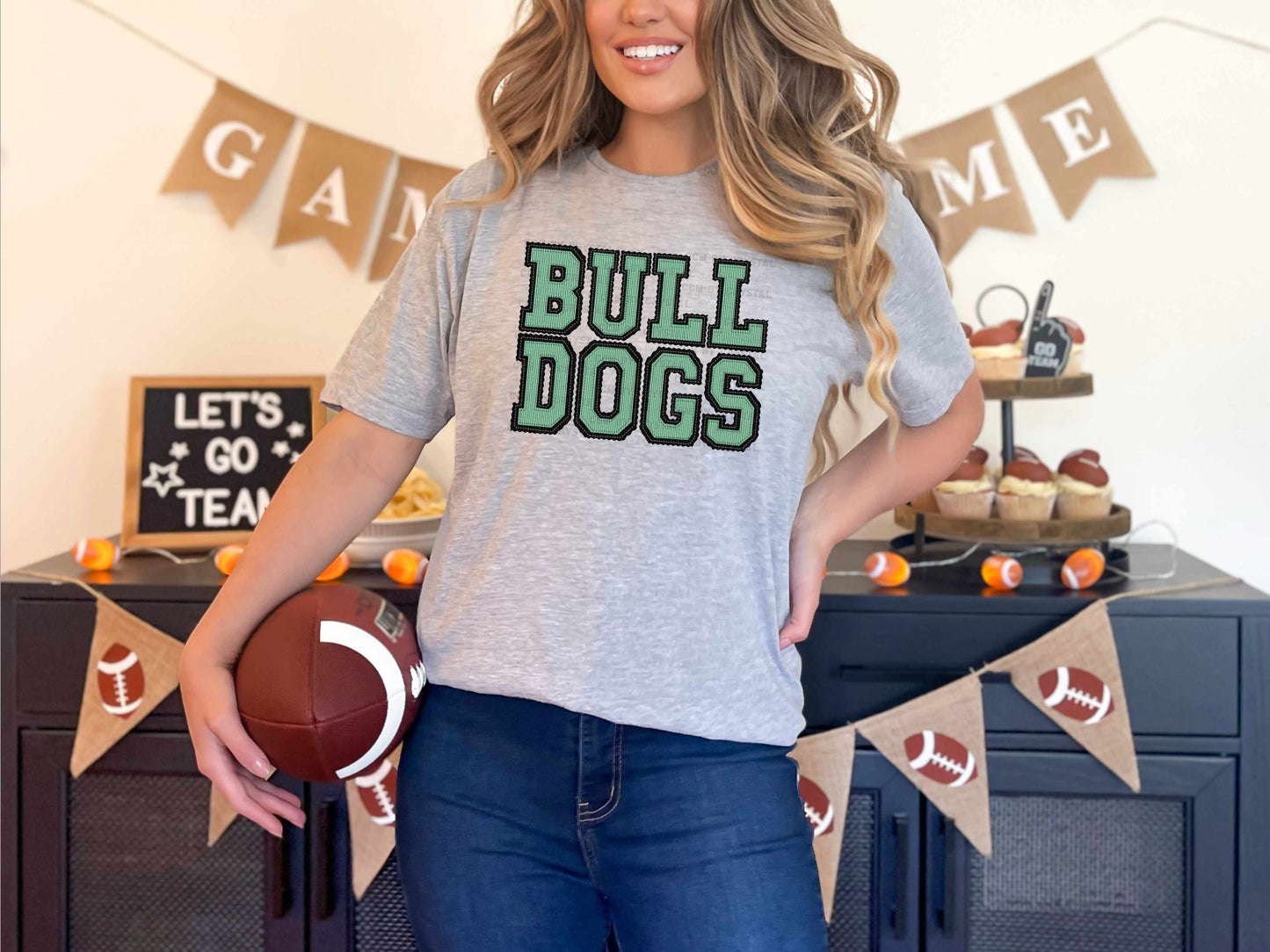Bulldogs Faux Embroidery Stripes Green Sports Mascot Ready to Press Transfer DTF Transfer Sublimation Transfer