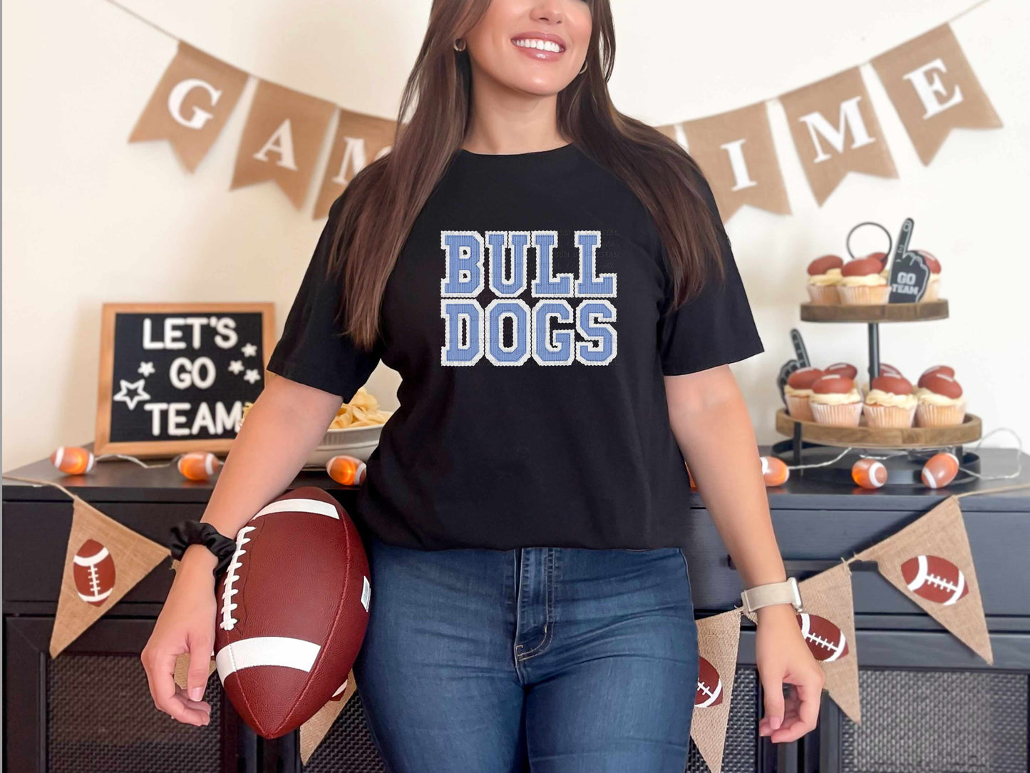 Bulldogs Faux Embroidery Stripes Blue Sports Mascot Ready to Press Transfer DTF Transfer Sublimation Transfer