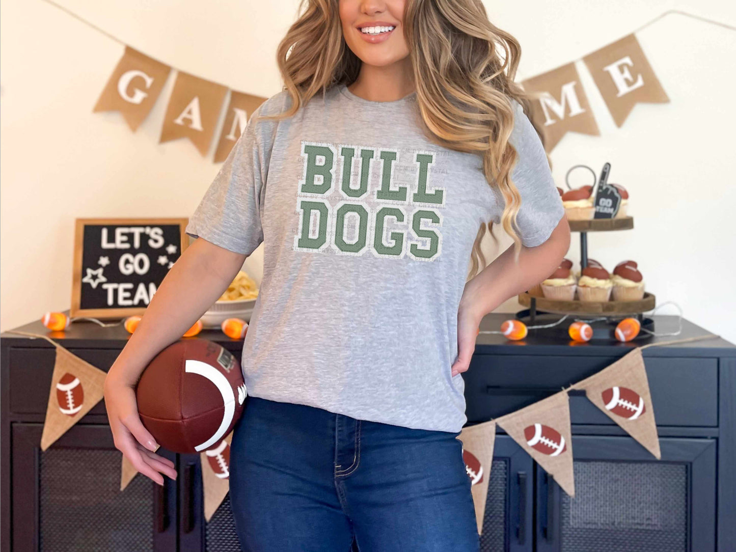 Bulldogs Faux Embroidery Stripes Green Sports Mascot Ready to Press Transfer DTF Transfer Sublimation Transfer