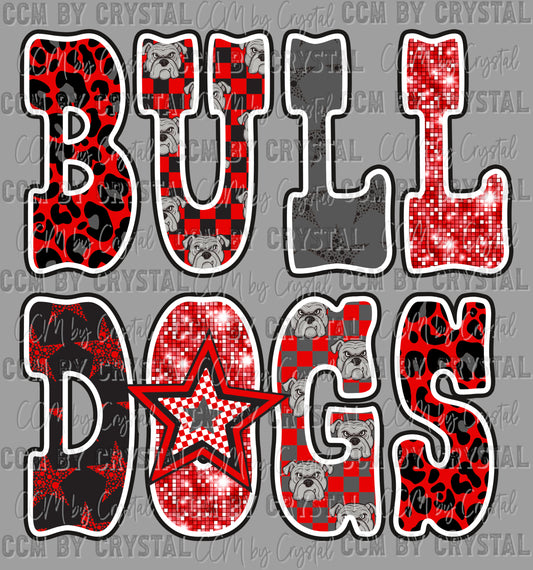 Bulldogs Red Grey Stars Checkered Sports Mascot Ready to Press Transfer DTF Transfer Sublimation Transfer