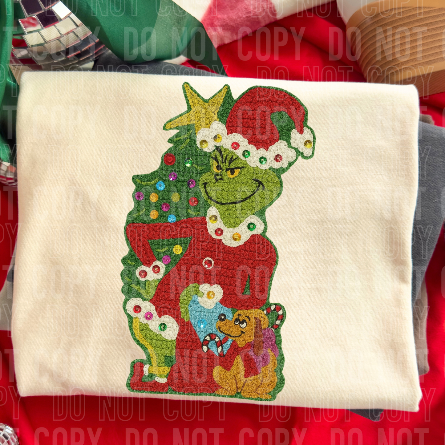 Christmas Green Guy Faux Fake Yarn Ready to Press Transfer Instant Peel DTF Transfer Sublimation Transfer