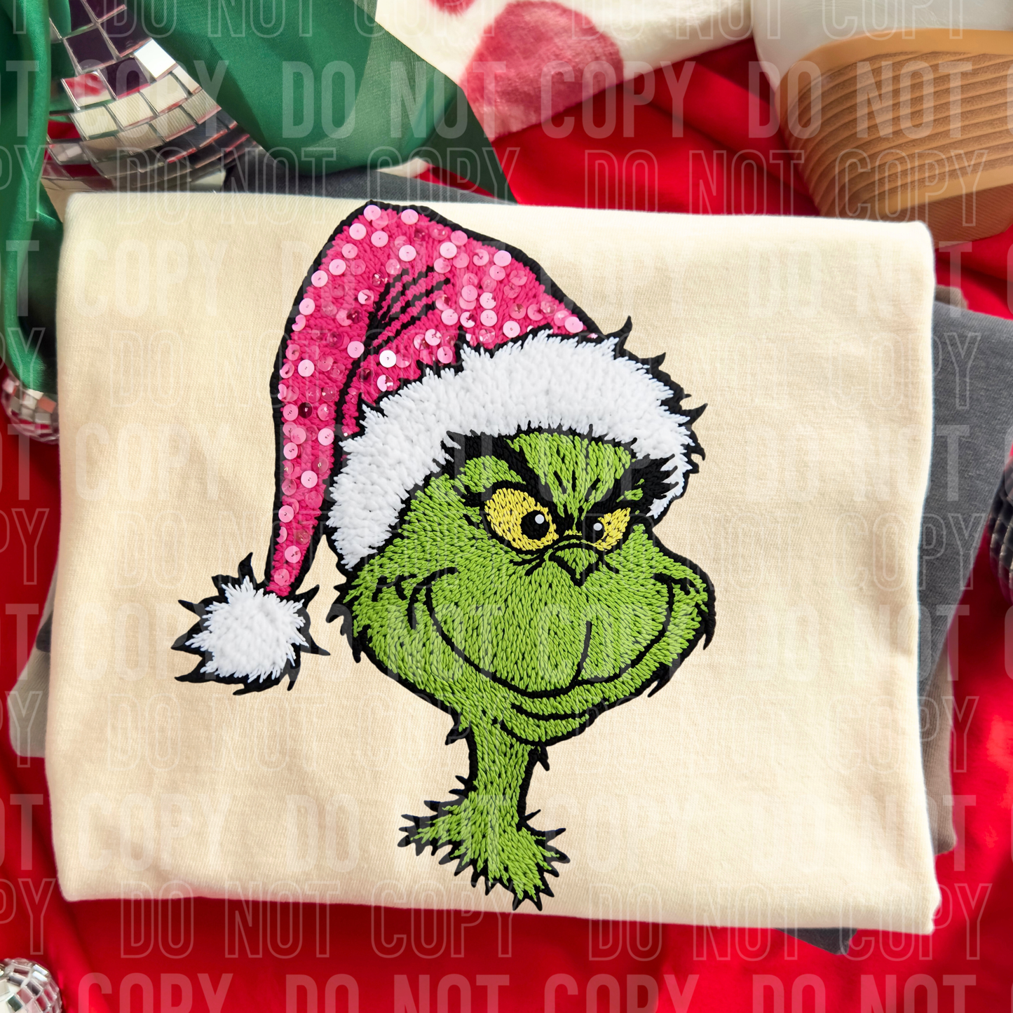 Christmas Green Guy Faux Fake Sequins Embroidery Ready to Press Transfer Instant Peel DTF Transfer Sublimation Transfer