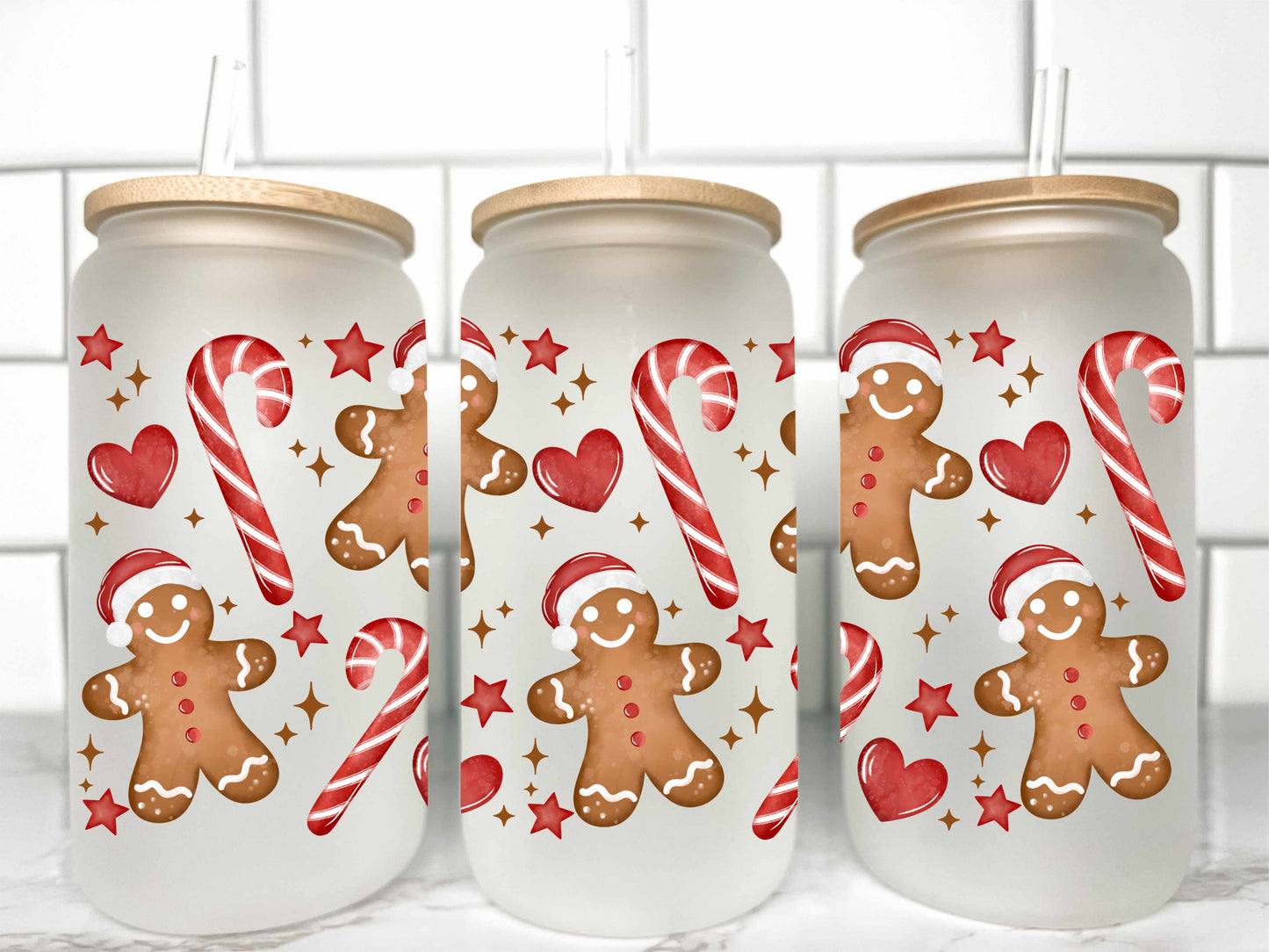 Gingerbread Christmas UV Transfer 16oz Libby Glass Can Wrap Ready to Apply