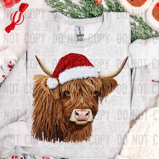 Highland Cow Christmas Santa Hat Fake Faux Yarn Ready to Press Transfer DTF Transfer Sublimation Transfer