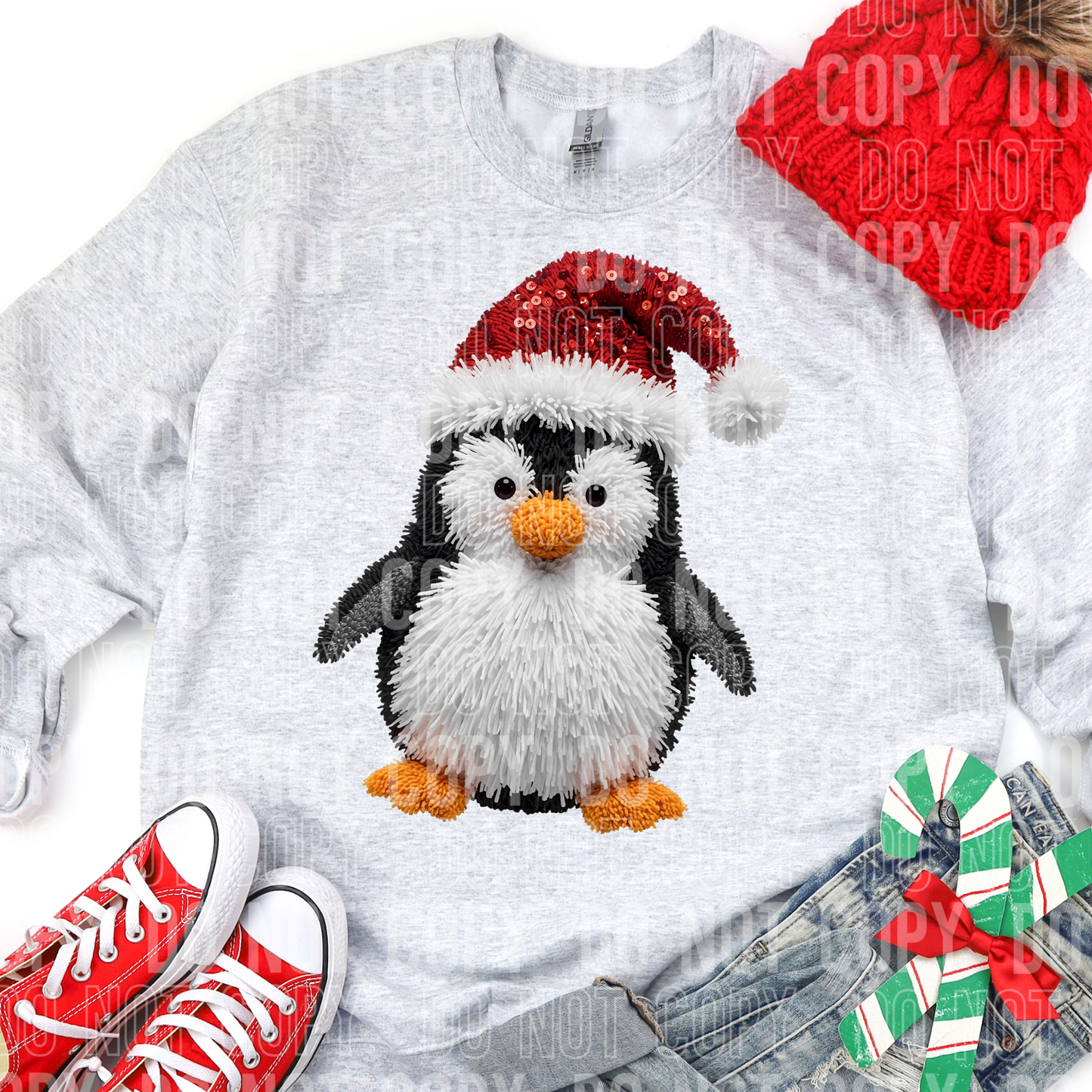 Penguin Christmas Santa Hat Fake Faux Yarn Ready to Press Transfer DTF Transfer Sublimation Transfer