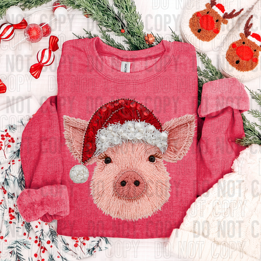 Pig Christmas Santa Hat Fake Faux Yarn Ready to Press Transfer DTF Transfer Sublimation Transfer