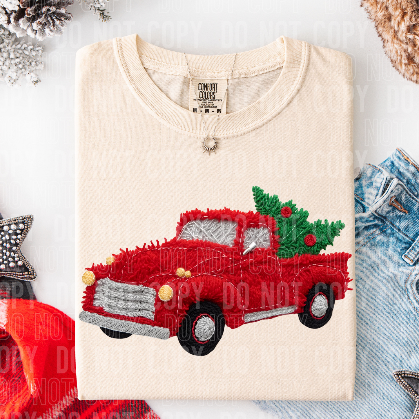 Christmas Truck Tree Fake Faux Yarn Ready to Press Transfer DTF Transfer Sublimation Transfer