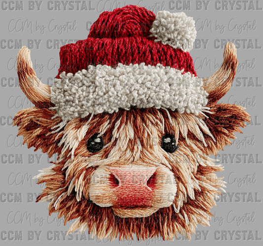 Highland Cow Faux Yarn Christmas Santa Hat Ready to Press Transfer DTF Transfer Sublimation Transfer