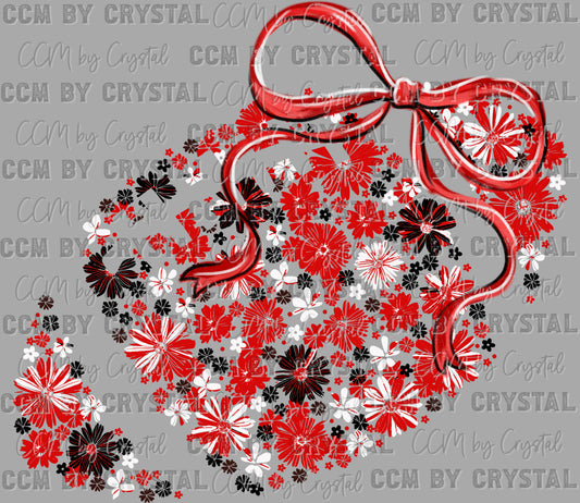 Football Floral Red Black White Bow Flowers Sports Ready to Press Transfer DTF Transfer Sublimation Transfer
