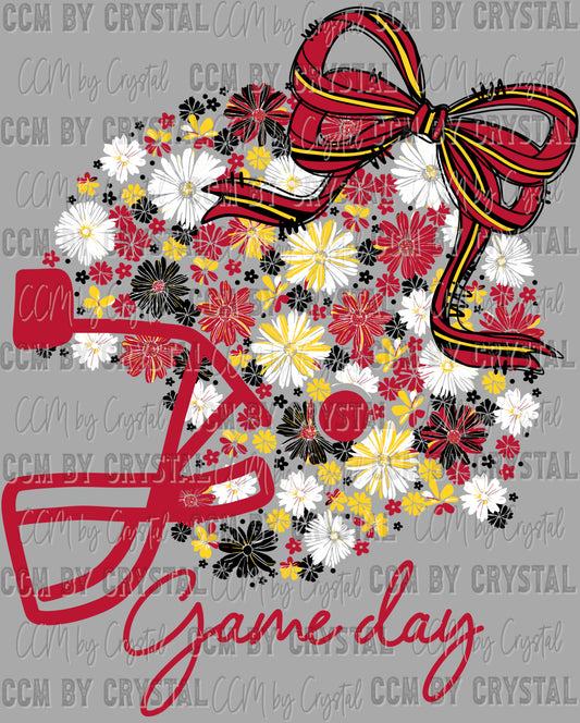 Game Day Football Helmet Floral Maroon Black White Yellow Bow Flowers Sports Ready to Press Transfer DTF Transfer Sublimation Transfer