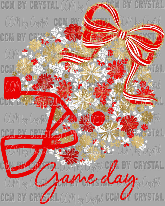 Game Day Football Helmet Floral Red White Gold Bow Flowers Sports Ready to Press Transfer DTF Transfer Sublimation Transfer