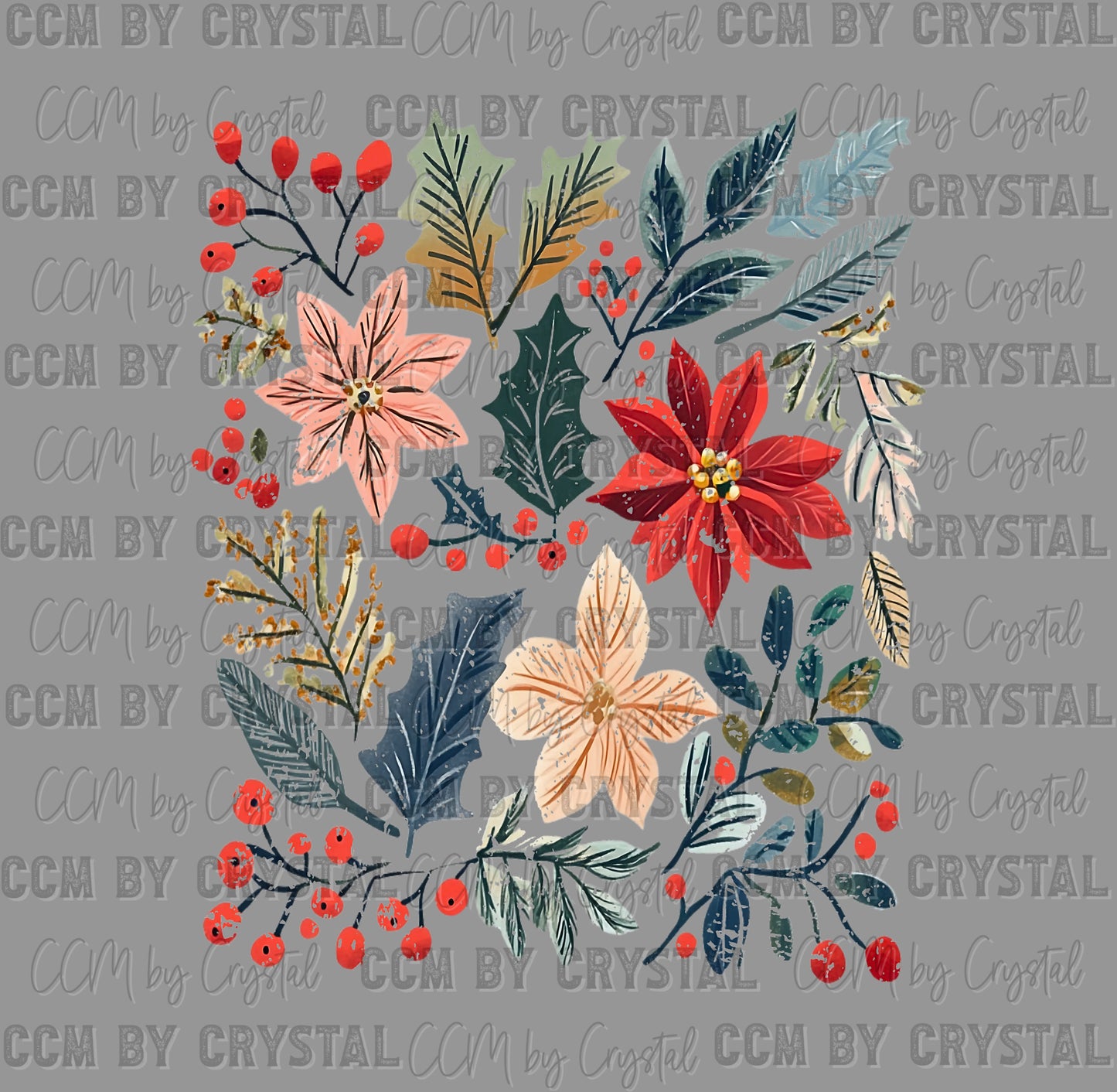 Christmas Winter Floral Distressed Ready to Press Transfer DTF Transfer Sublimation Transfer