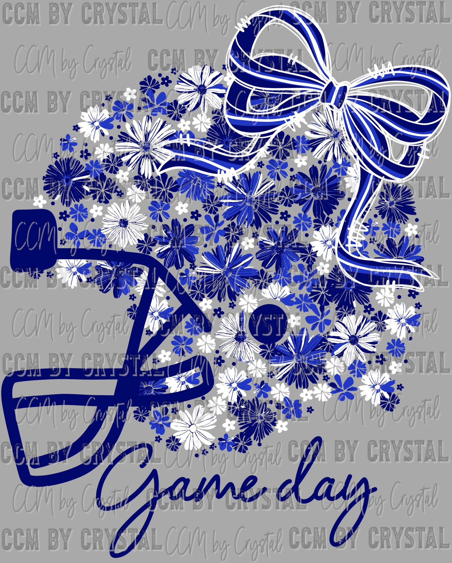 Game Day Football Helmet Floral Navy White Bow Flowers Sports Ready to Press Transfer DTF Transfer Sublimation Transfer