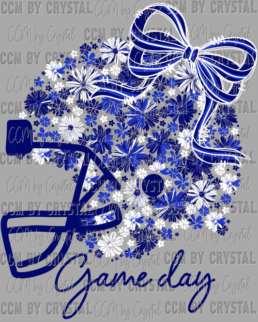 Game Day Football Helmet Floral Navy White Bow Flowers Sports Ready to Press Transfer DTF Transfer Sublimation Transfer
