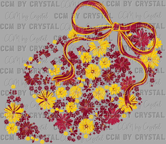 Football Floral Maroon Yellow Bow Flowers Sports Ready to Press Transfer DTF Transfer Sublimation Transfer